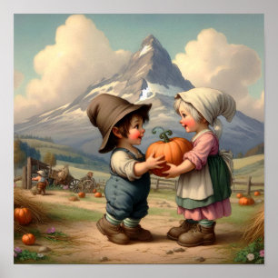 Zwei entzückende Vintage-Munchkins auf einem Kürbi Poster