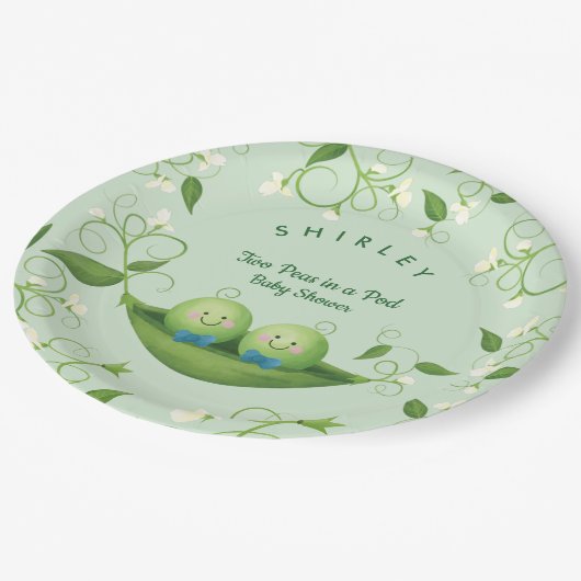 Zwei Erbsen in einem Pod Baby Boy Twins Dusche Pappteller (Schrägansicht)