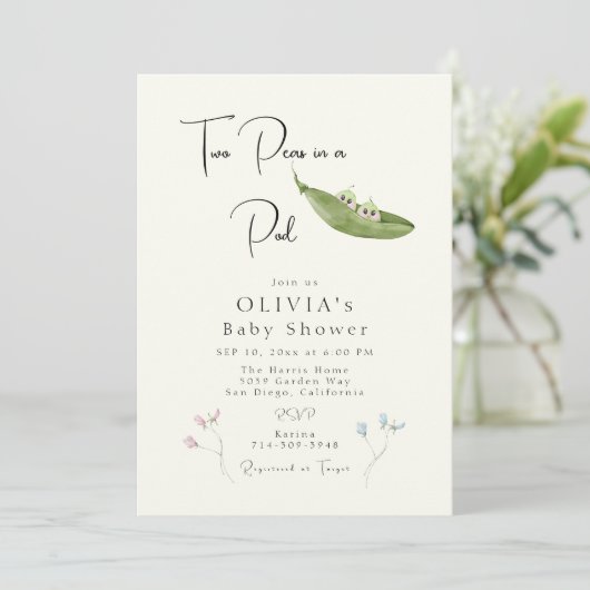 Zwei Erbsen in einer Pod-Baby-Dusche Einladung (Stehend Vorderseite)