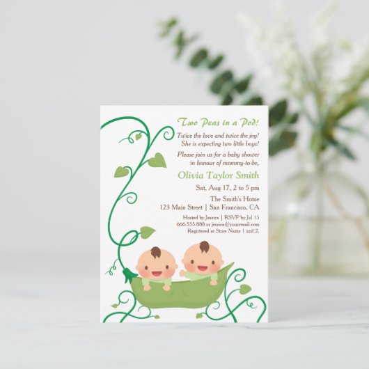 Zwei Erbsen in einer Pod Baby Dusche Einladungen (Stehend Vorderseite)
