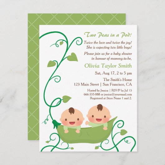 Zwei Erbsen in einer Pod Baby Dusche Einladungen (Vorne/Hinten)