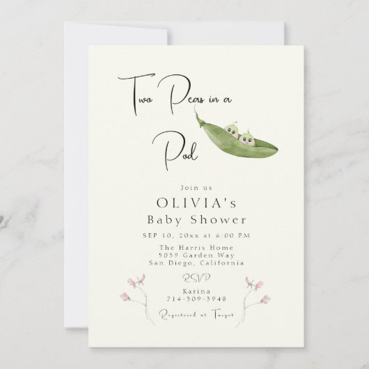 Zwei Erbsen in einer Pod-Girl-Babydusche Einladung (Vorderseite)