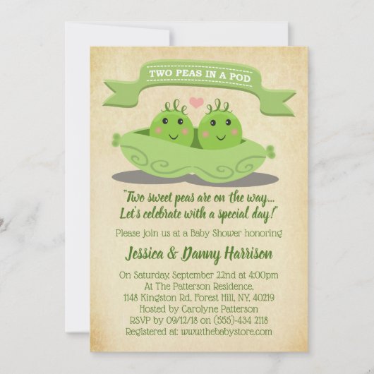 Zwei Erbsen in einer Pod-Zweiwindusche Einladung (Vorderseite)