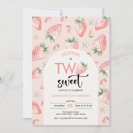 Zwei Erdbeeren-Kindergeburtstag Einladung (Vorderseite)