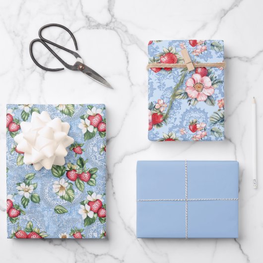 Zwei Erdbeeren und eine solide Farbe Geschenkpapier Set (Vorderseite)