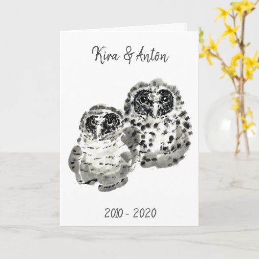 Zwei Eule-Küken, Saumfarbe Karte (Gelbe Blume)