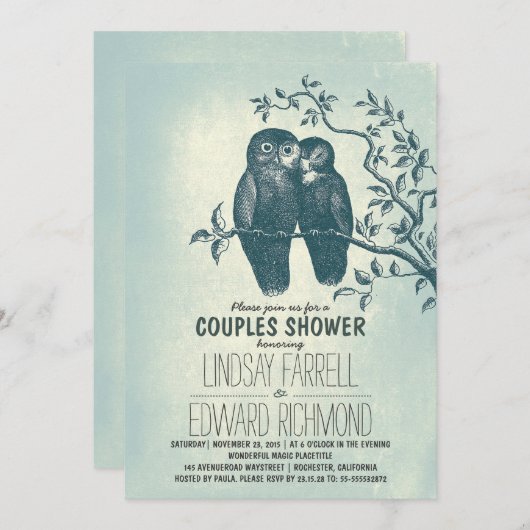 Zwei Eulen in Liebe und zwei Zweigstellen duschen Einladung (Vorne/Hinten)