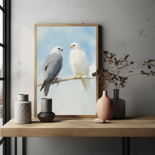 Zwei Falken auf einem Zweig gegen einen klaren Him Poster