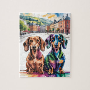Zwei farbenfrohe Dachshunde auf einem europäischen Puzzle