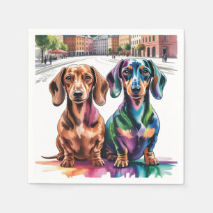 Zwei farbenfrohe Dachshunde auf einem europäischen Serviette