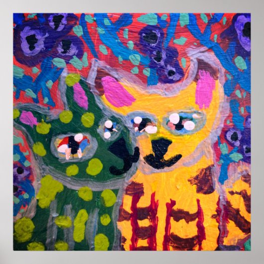 zwei farbenfrohe Katzen küssen sich vor Blumen Poster (Vorne)