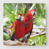 Zwei farbenfrohe Papageien auf einem Baumzweig Quadratische Wanduhr (Vorderseite)
