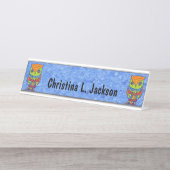 Zwei farbige Abstrakte Owls Star Eyes Blue Schreibtischnamensplakette (Vorderseite )