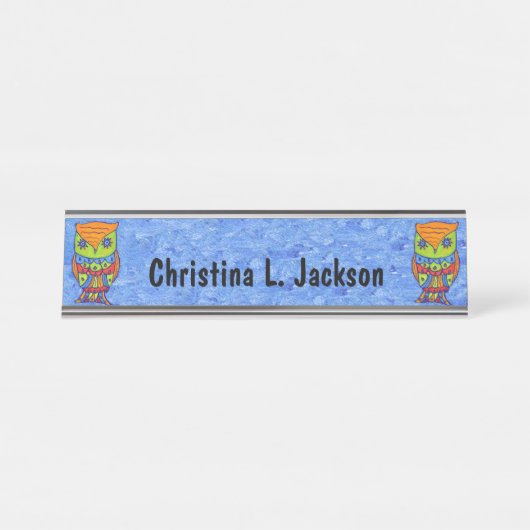 Zwei farbige Abstrakte Owls Star Eyes Blue Schreibtischnamensplakette (Vorderseite )