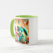 Zwei farbige Plüschkaninchen mit Schmetterlingen. Tasse (Vorderseite Links)