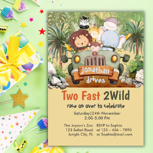 Zwei Fast 2Wild Safari Tiere Auto 2. Geburtstag Einladung