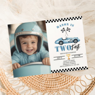 Zwei Fast Blue Foto Rennwagen Junge 2. Geburtstag Einladung