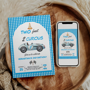 Zwei Fast Blue Race Car 2. Geburtstag Einladung