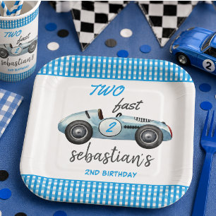 Zwei Fast Blue Race Car 2. Geburtstag Einladung Pappteller