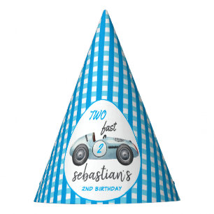 Zwei Fast Blue Race Car 2. Geburtstag Einladung Partyhütchen