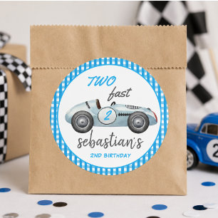 Zwei Fast Blue Race Car 2. Geburtstag Einladung Runder Aufkleber