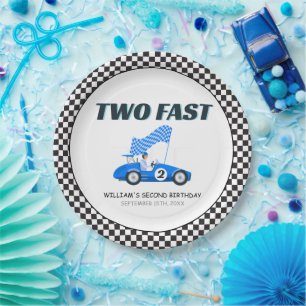 Zwei Fast Blue Race Car am zweiten Geburtstag Pappteller