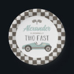 Zwei Fast Blue Race Car Birthday Paper Teller<br><div class="desc">Growing up Two Fast Race Auto 2. Geburtstag Platte mit blauem Retro Rennwagen.</div>