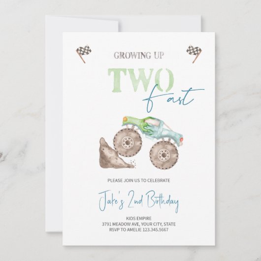 ZWEI FAST Light Green Monster Truck Einladung (Vorderseite)