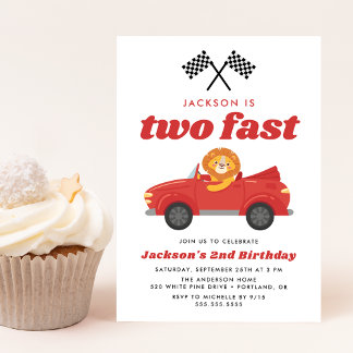 Zwei Fast Lion Red Race Car Boy 2. Geburtstag Einladung