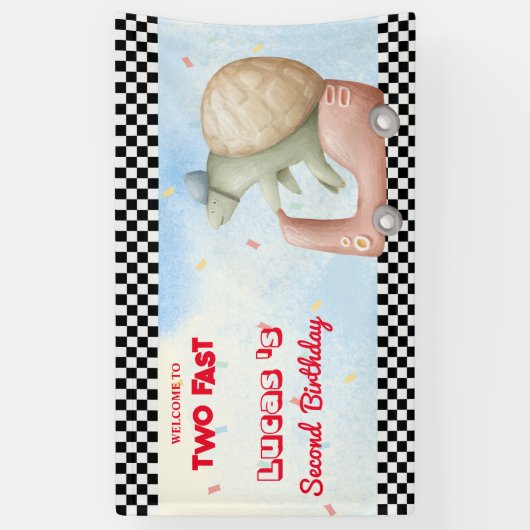 Zwei Fast Pink Turtle Bike Rennwagen 2. HBD Party Banner (Vertikal)