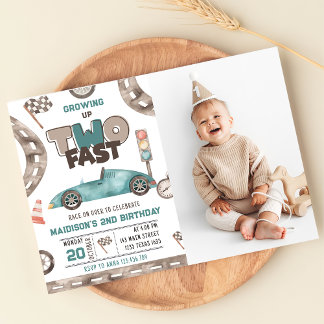 Zwei Fast Race Car Boy 2. Geburtstag Party Foto Einladung