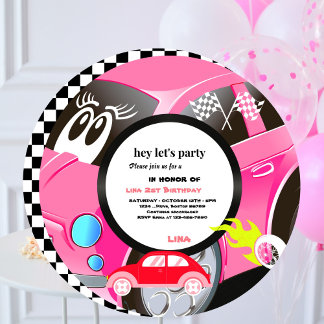 Zwei Fast Race Car Girls 2. Geburtstag Party Kreis Einladung