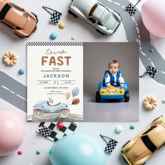 ZWEI Fast Racing Car Blue Boy 2. Geburtstag Foto Einladung