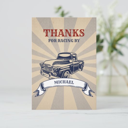 ZWEI Fast Second Birthday Thema Kinderwagen Dankeskarte (Stehend Vorderseite)