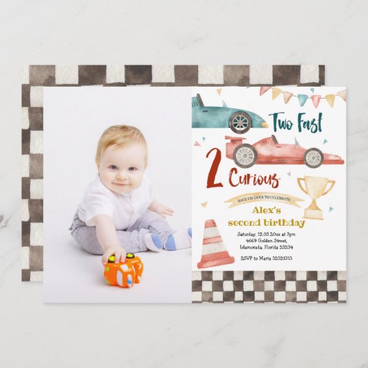 Zwei fast zwei neugierige Einladung mit Foto (Vorne/Hinten)