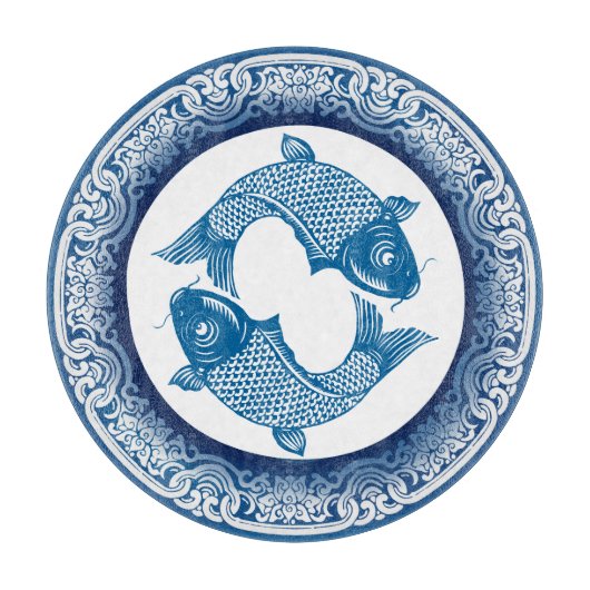 Zwei Fische Koi Carp Pisces Chinoiserie Blaues Mus Schneidebrett (Vorderseite)