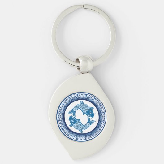 Zwei Fischfische Koi Carp Chinoiserie Blaues Muste Schlüsselanhänger (Vorderseite)