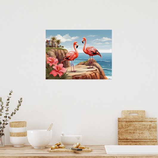 Zwei Flamingos auf einer Klippe Poster (Küche)