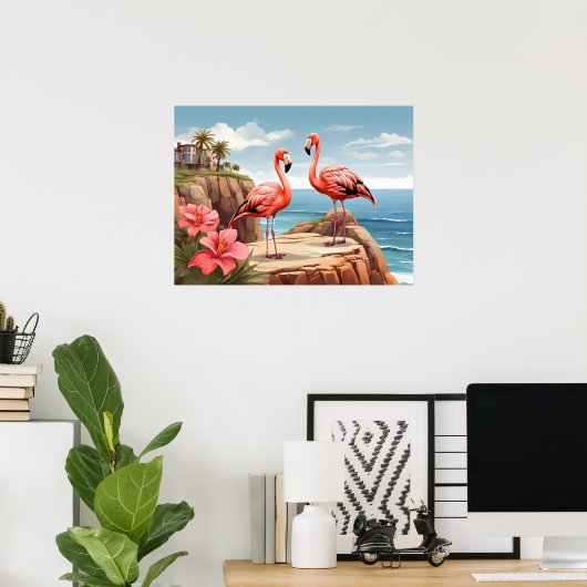 Zwei Flamingos auf einer Klippe Poster (Heimbüro)