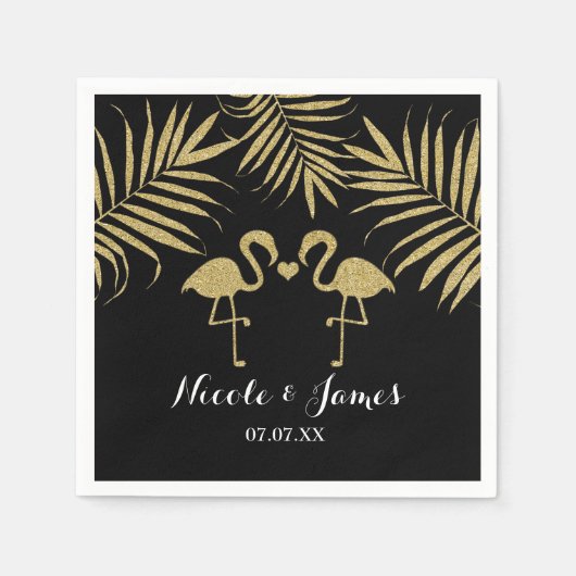 Zwei Flamingos Liebe Black & Gold Elegante Napkins Serviette (Vorderseite)