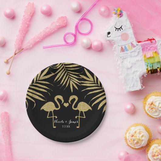 Zwei Flamingos Liebe Black & Gold Hochzeitsfeier Pappteller (Party)