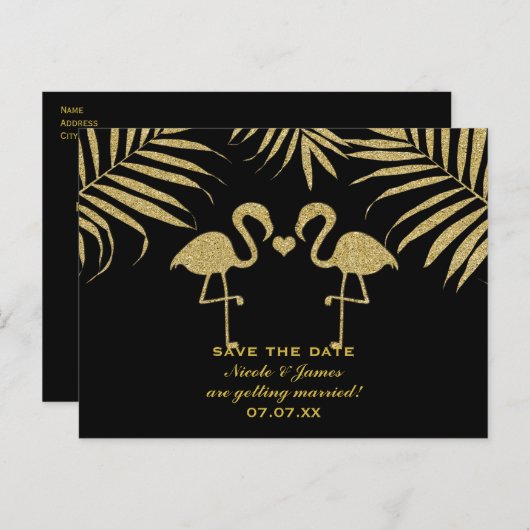 Zwei Flamingos Liebe Black & Gold Save the Date Ca Ankündigungspostkarte (Vorne/Hinten)