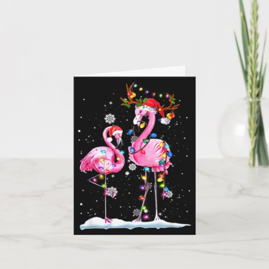 Zwei Flamingos mit Santa-Hut und Lichtern Frohe We Karte (Vorderseite)