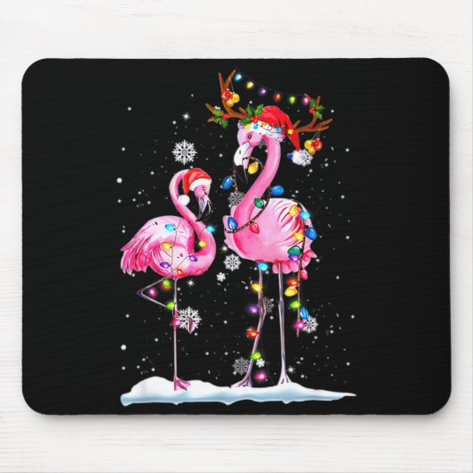 Zwei Flamingos mit Weihnachtsmannmütze und Lichter Mousepad (Vorne)