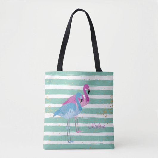 Zwei Flamingos-Monogramm-Aquamariner Streifen Tasche (Vorderseite)