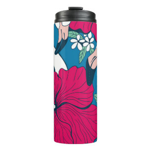Zwei Flamingos unter Hibiskus und Plumeria Blume Thermosbecher