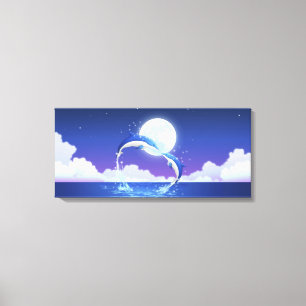 Zwei Flasche-rochen das Delphinherausspringen des Leinwanddruck