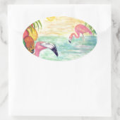 Zwei Florida Flamingos Wasserfarben Kunst und Kult Ovaler Aufkleber (Tasche)