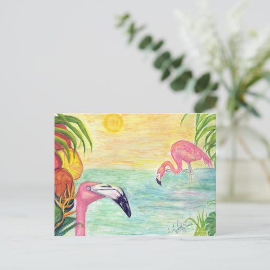 Zwei Florida Flamingos Wasserfarben Kunst und Kult Postkarte (Stehend Vorderseite)