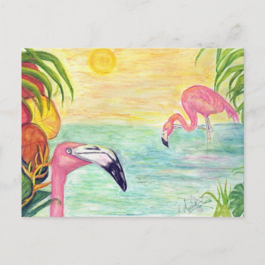 Zwei Florida Flamingos Wasserfarben Kunst und Kult Postkarte (Vorderseite)